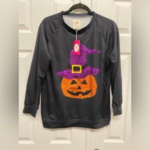 New! Women’s Sugar stitch Pumpkin Witches Hat Sequin Long Sleeve Top size medium